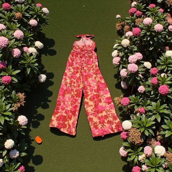 .	🌺 CupShe Pink Tropical Floral Halter Jumpsuit NWT 🌴 M/L - Picture 2 of 2